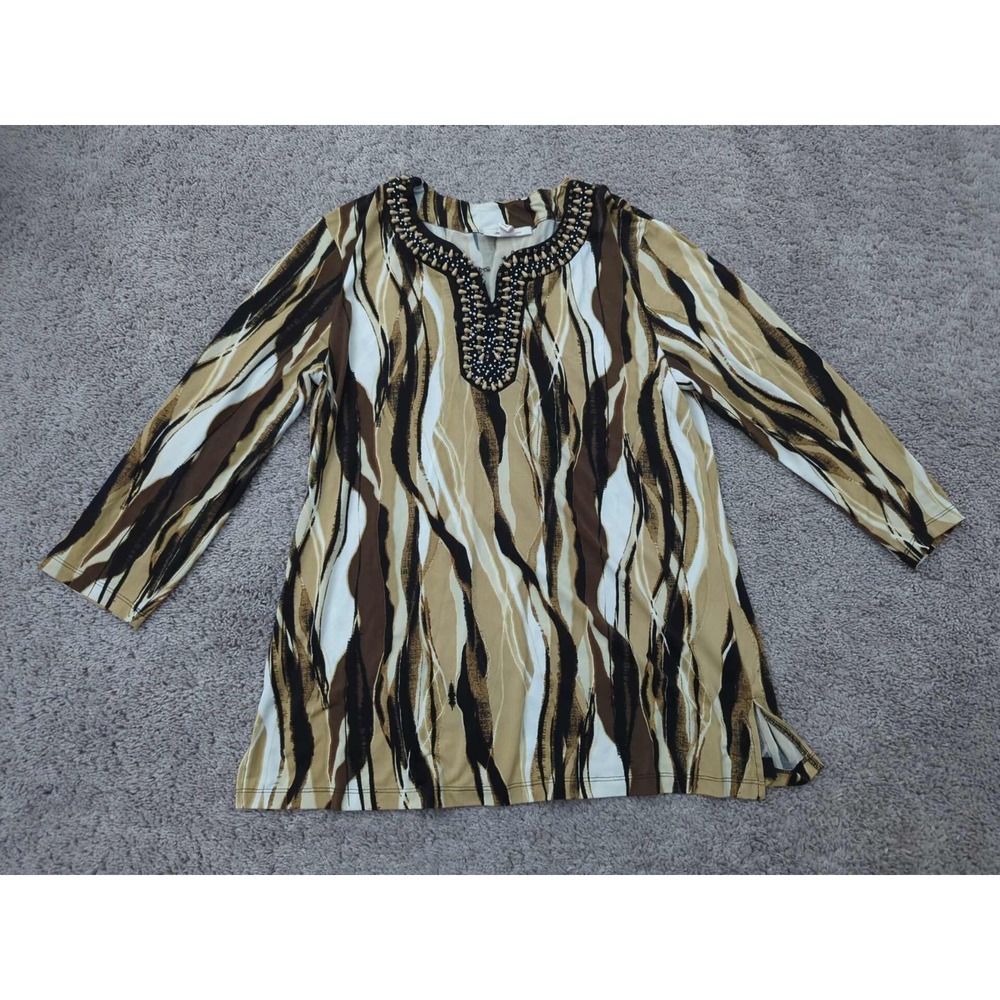 JM Collection Tunic Top Womens L‎ Abstract 3/4 Sleeve Embellished V-Neck